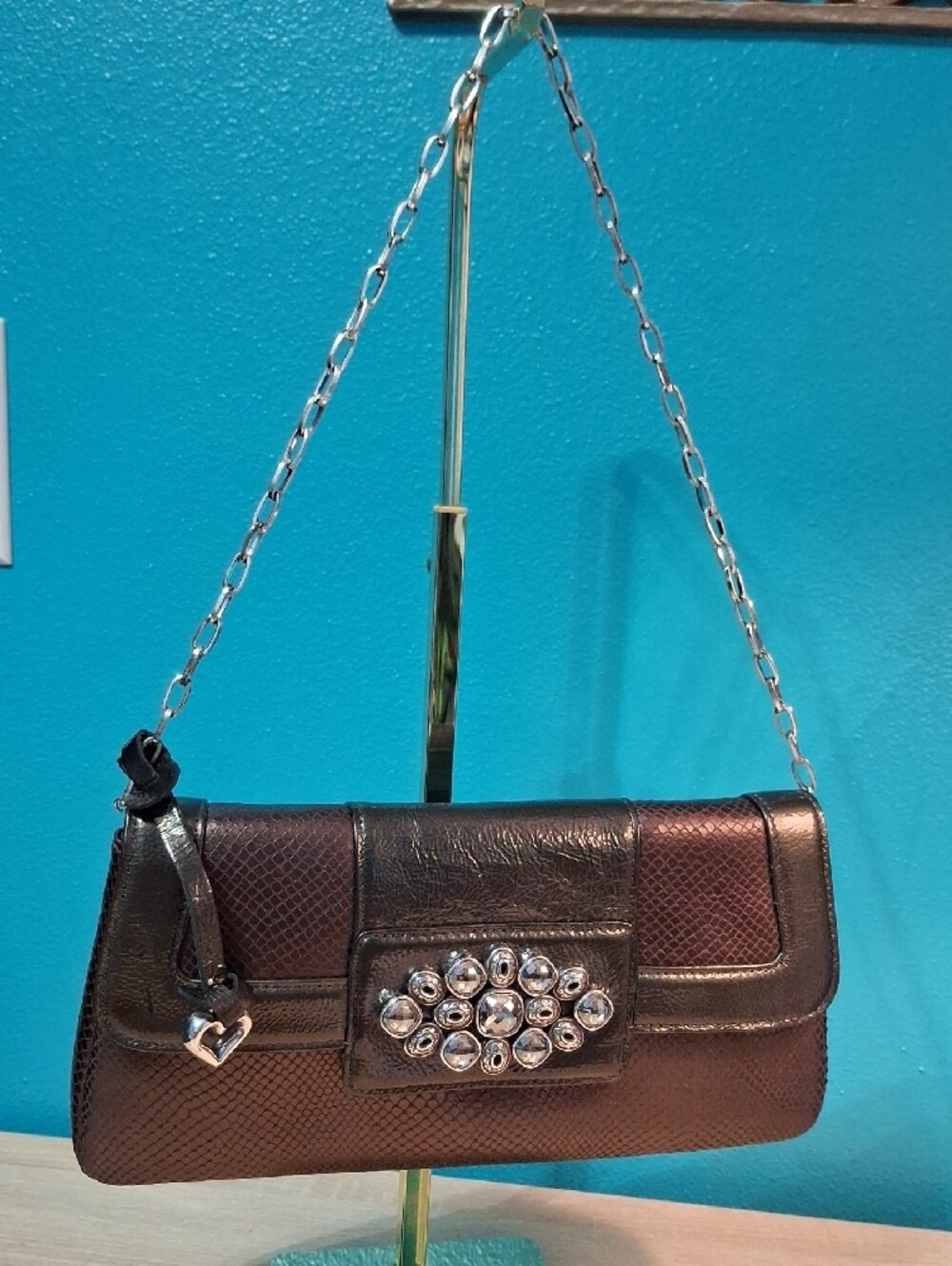 Brighton Bronze Snake Embossed Studded Clutch with Heart Charm - Picture 3 of 14